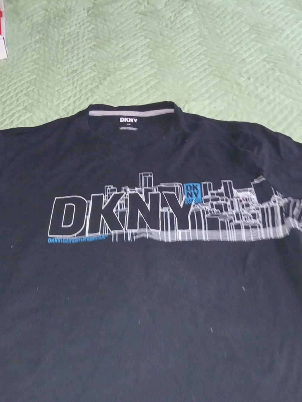 DKNY Black Short-Sleeve Logo Tee with White and Blue Graphic